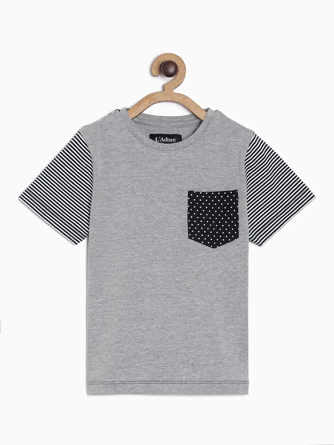 Grey Colourblock Round Neck Cotton T-shirt - Ladore