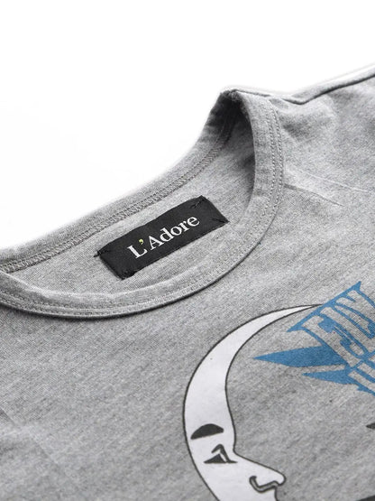 Grey Flying High Printed Round Neck Organic Cotton T-shirt - Ladore