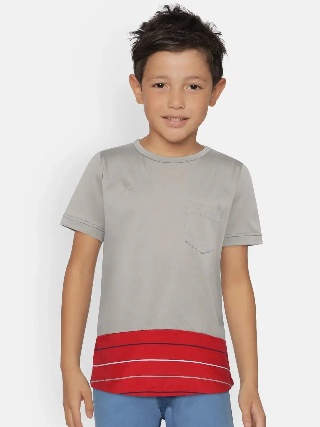 Grey Red Colourblock Round Neck Mercerised Cotton T-shirt - Ladore