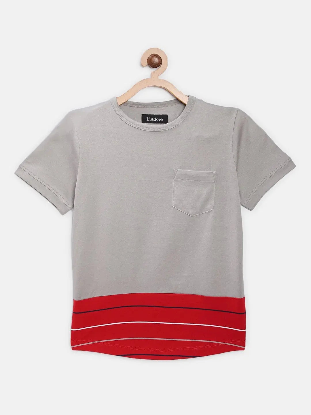 Grey Red Colourblock Round Neck Mercerised Cotton T-shirt - Ladore