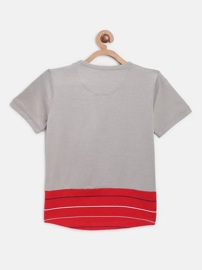 Grey Red Colourblock Round Neck Mercerised Cotton T-shirt - Ladore