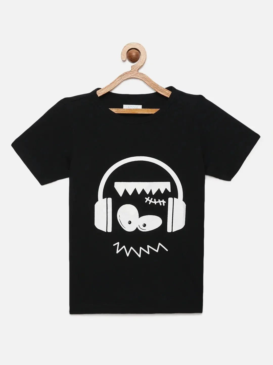 Kids Black Funny Headphone Monster Cotton Half Sleeves T-shirt - Ladore