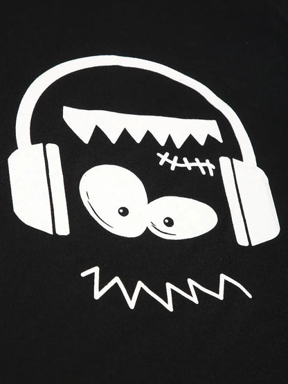 Kids Black Funny Headphone Monster Cotton Half Sleeves T-shirt - Ladore