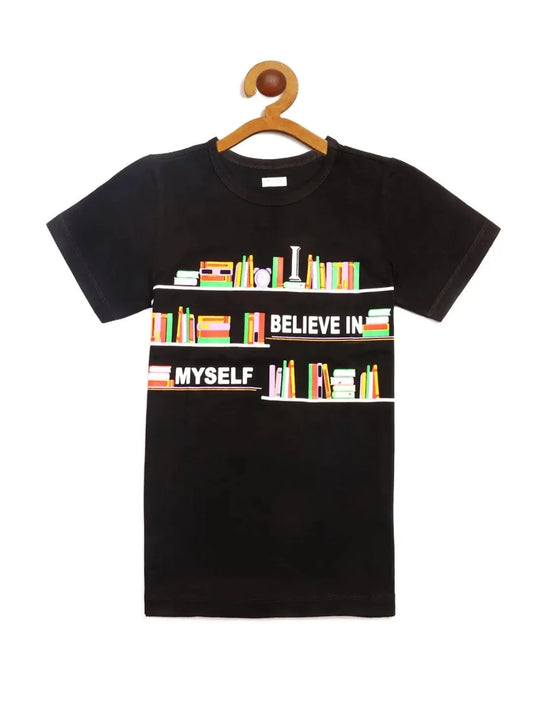 Kids Black Half Sleeves Books Print Cotton T-shirt - Ladore