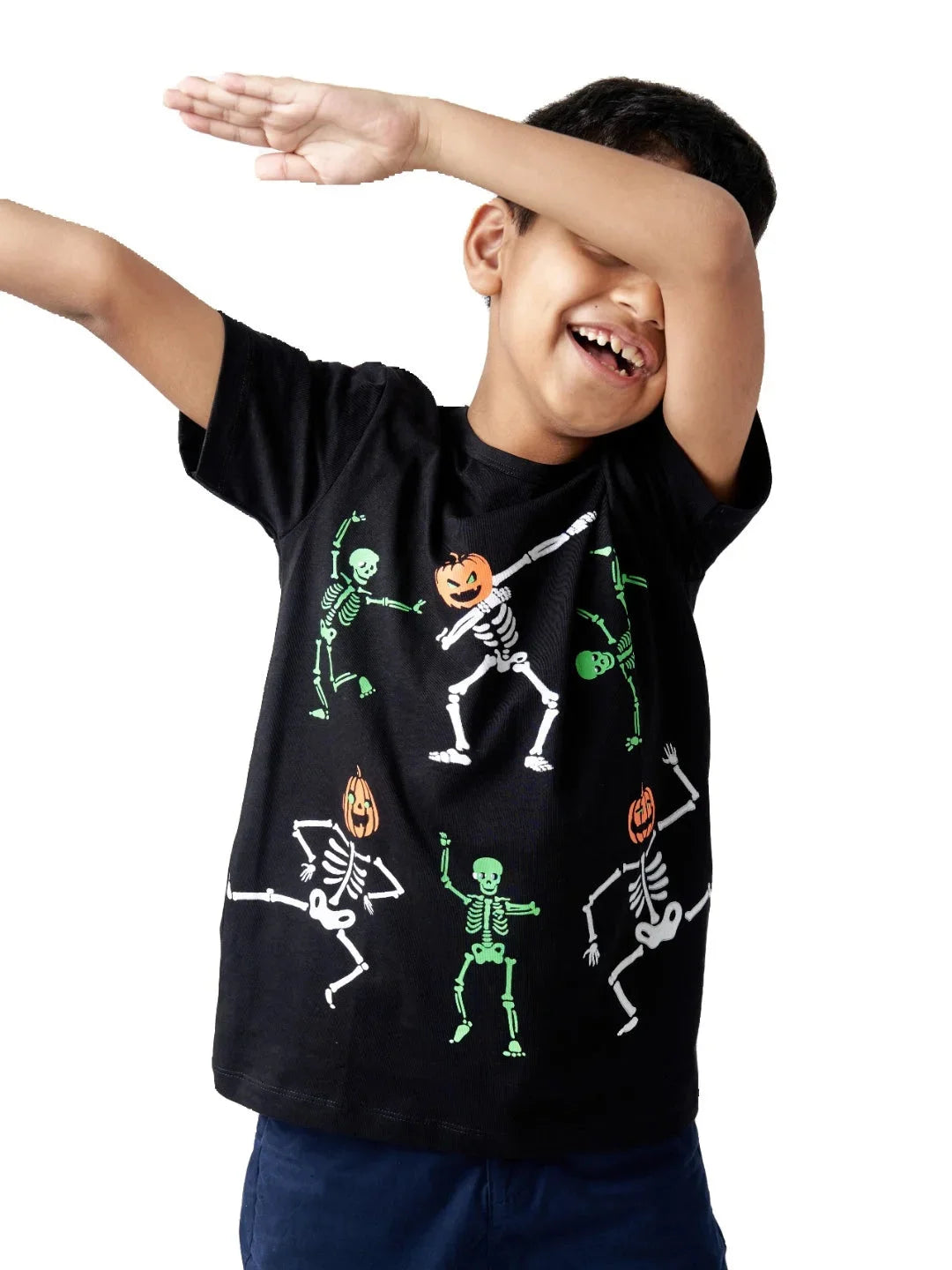 Kids Black Skeleton Pumpkin Halloween Cotton Half Sleeves T-shirt - Ladore