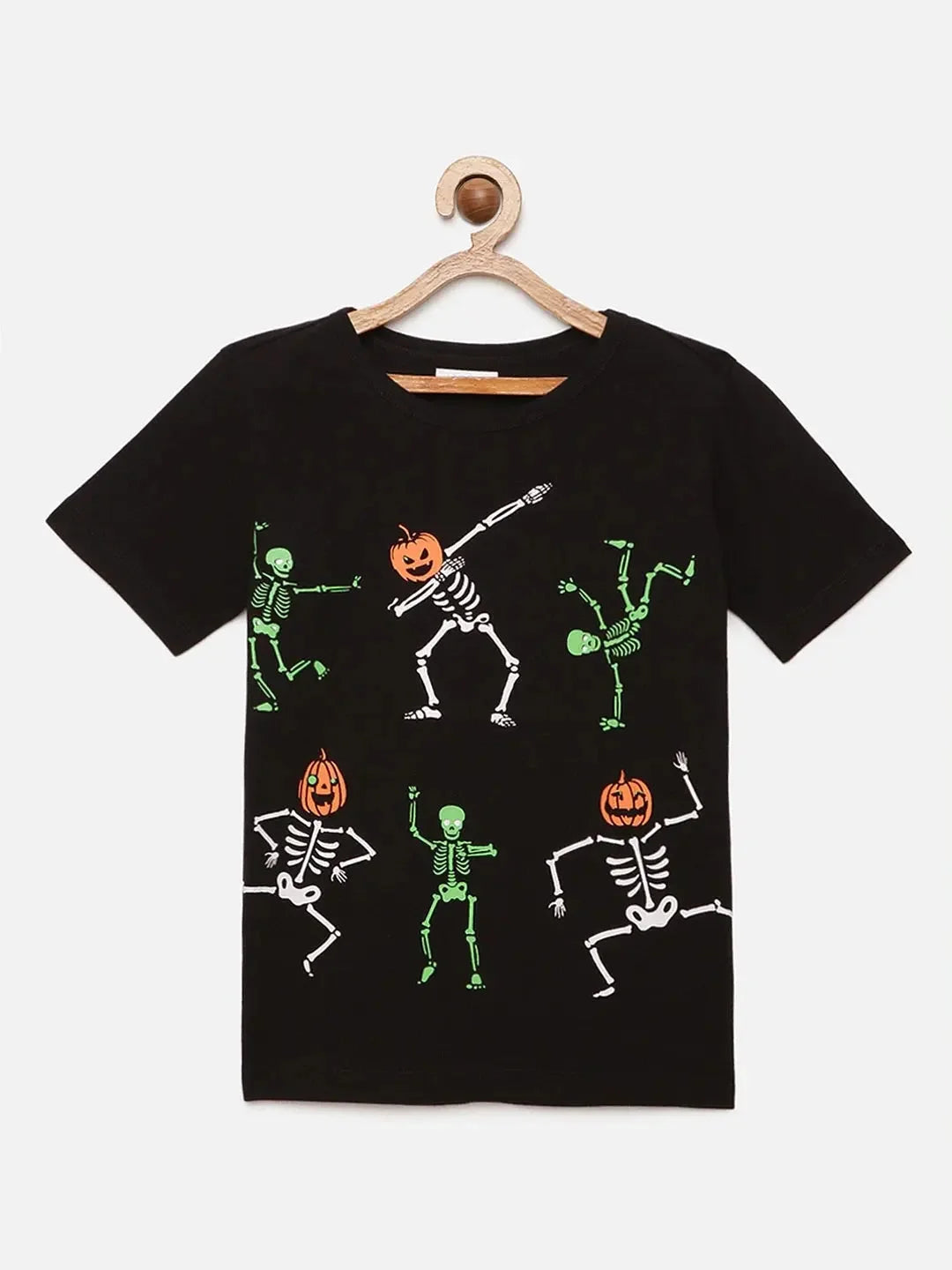 Kids Black Skeleton Pumpkin Halloween Cotton Half Sleeves T-shirt - Ladore