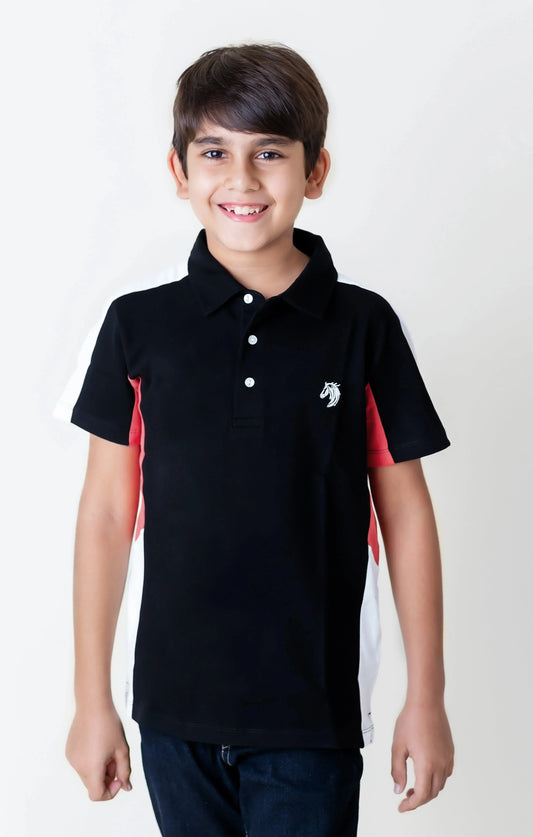 Kids Black Smart Party Wear Cotton Polo Tshirt - Ladore