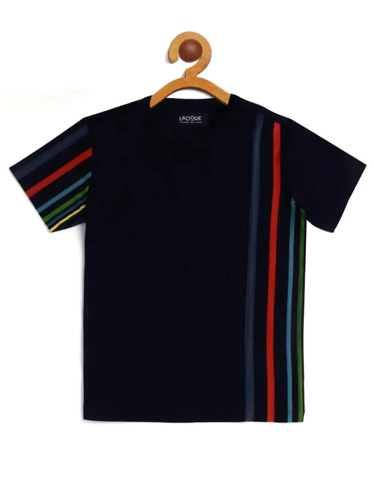 Kids Black Striped Round Neck T-shirt - Ladore