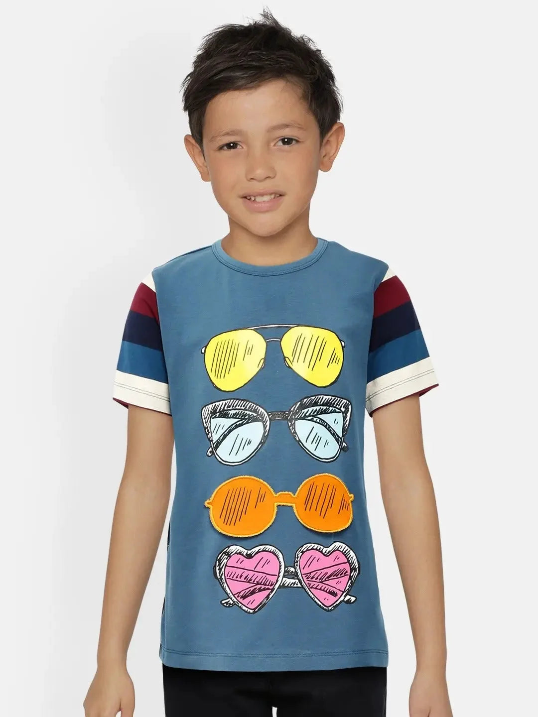 Kids Blue Half Sleeves Sunglasses Cotton T-shirt - Ladore