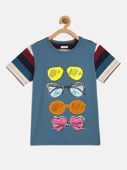 Kids Blue Half Sleeves Sunglasses Cotton T-shirt - Ladore