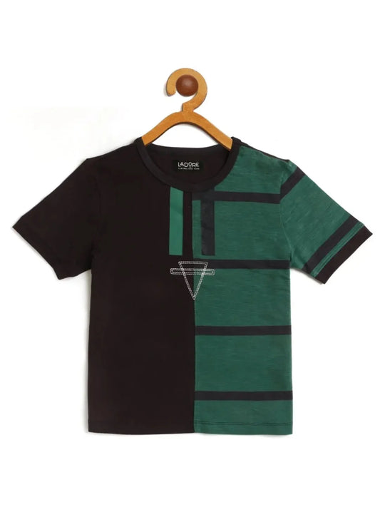 Kids Blue & Green Colour Block Round Neck Cotton T-shirt - Ladore