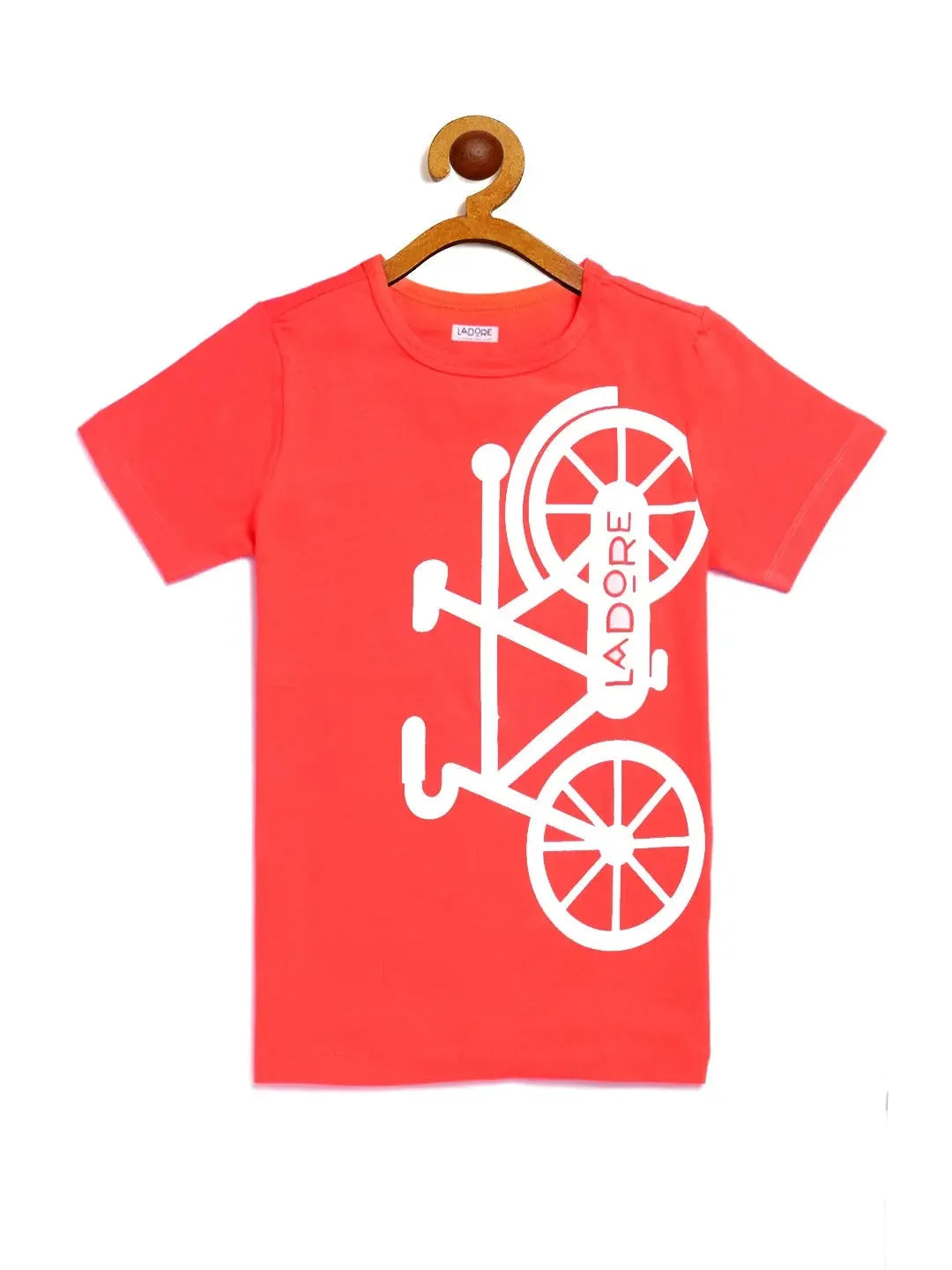 Kids Coral Half Sleeves Bicycle Print Cotton T-shirt - Ladore