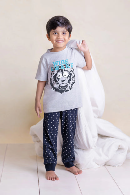 Kids Cotton Grey Lion Printed Unisex Night Suit Set - Ladore