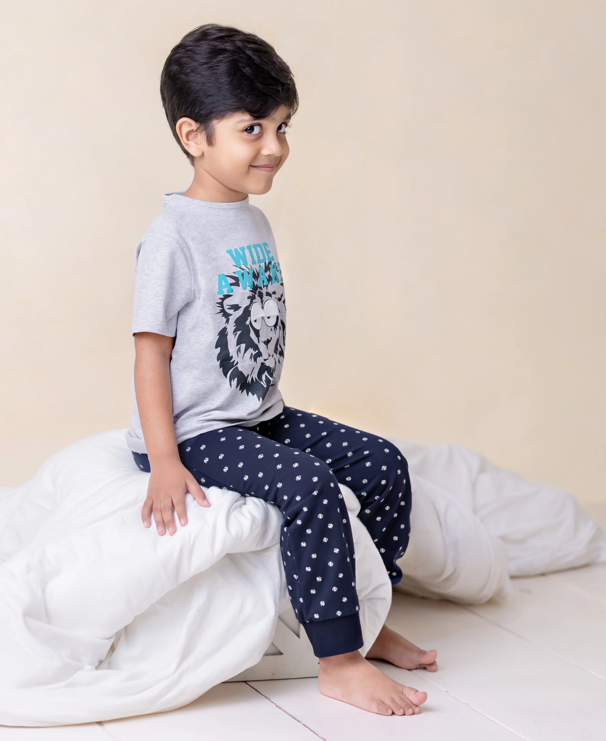 Kids Cotton Grey Lion Printed Unisex Night Suit Set - Ladore