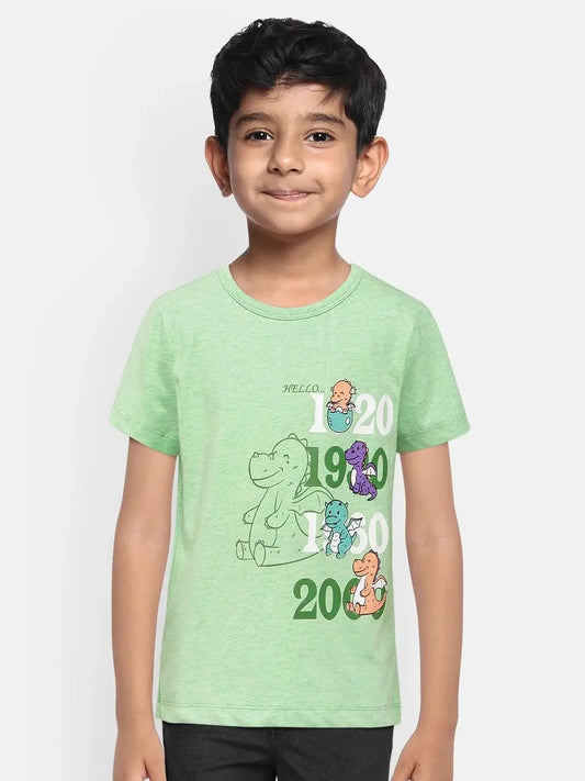 Kids Green Dino Print Half Sleeves Cotton T-shirt - Ladore