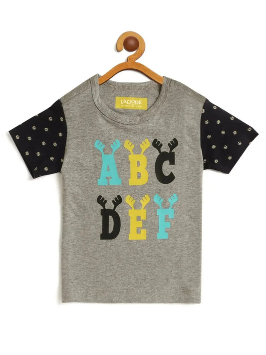 Kids Grey Alphabet Printed Round Neck Cotton T-shirt - Ladore