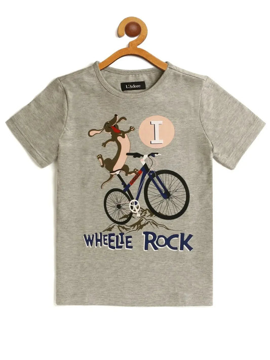 Kids Grey Bicycle Printed Round Neck T-shirt - Ladore