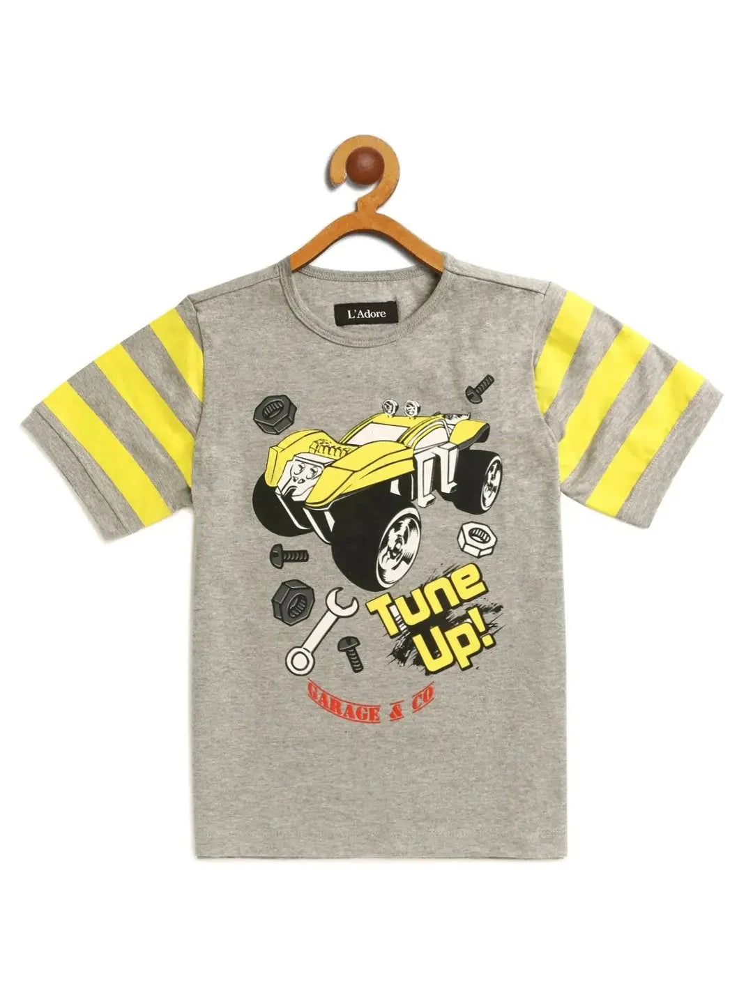 Kids Grey Car Printed Round Neck T-shirt - Ladore