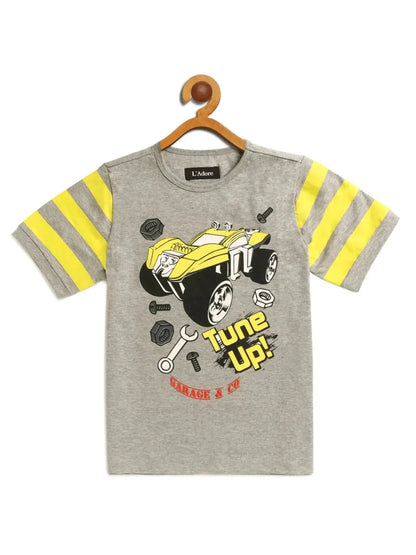 Kids Grey Car Printed Round Neck T-shirt - Ladore