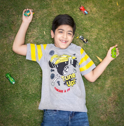 Kids Grey Car Printed Round Neck T-shirt - Ladore