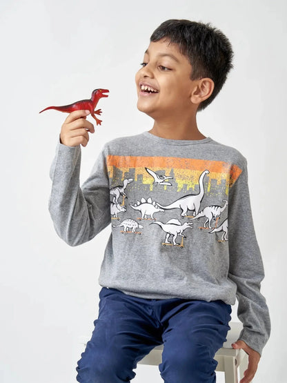 Kids Grey Dinosaur Full Sleeves Cotton T-shirt - Ladore