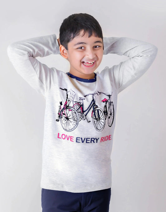 Kids Grey Full Sleeves Biking Cotton T-shirt - Ladore