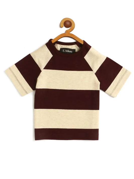 Kids Maroon Striped Round Neck Cotton T-shirt - Ladore