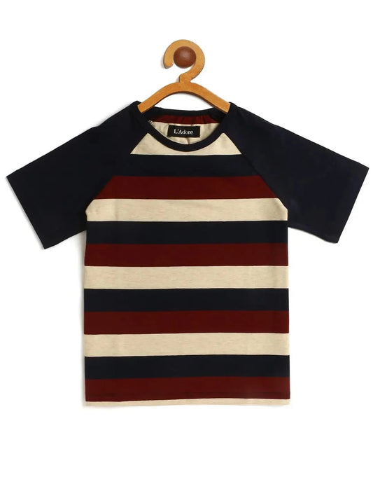 Kids Maroon and Blue Striped Half Sleeve Cotton T-shirt - Ladore