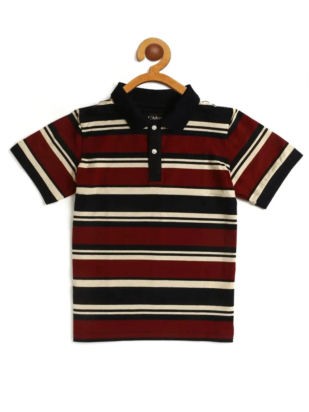 Kids Maroon and Navy Striped Polo Cotton T-shirt - Ladore