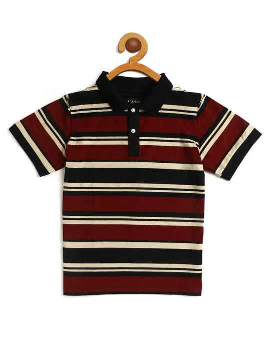 Kids Maroon and Navy Striped Polo Cotton T-shirt - Ladore