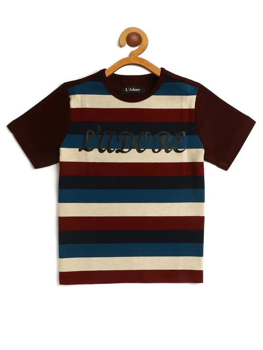 Kids Multicolour Striped Round Neck Cotton T-shirt - Ladore