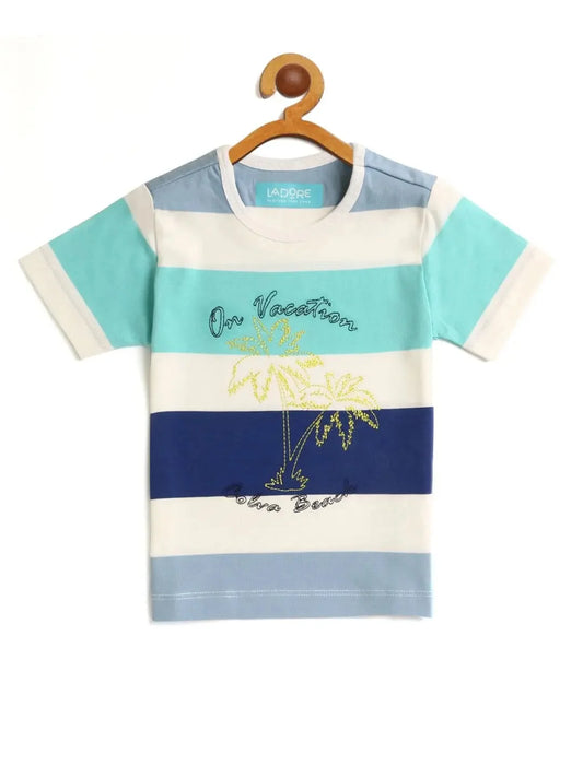 Kids Multicolour Vacation Striped Round Neck Cotton T-shirt - Ladore