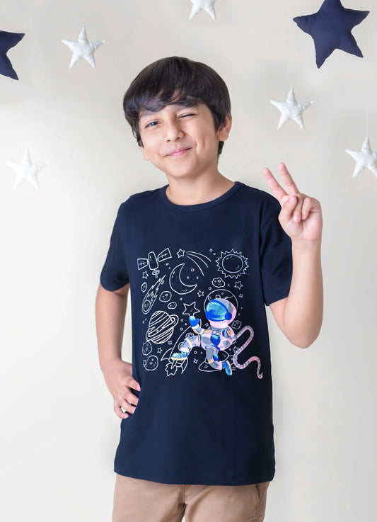 Kids Navy Half Sleeves Space Cotton T-shirt - Ladore