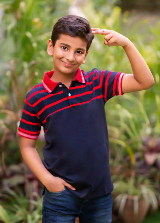 Kids Navy and Red Cut and Sew Polo Cotton T-shirt - Ladore