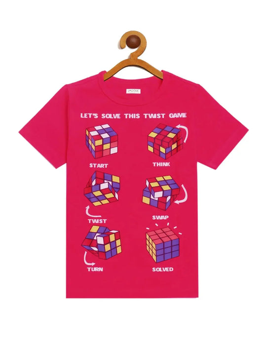 Kids Pink Half Sleeves Cube Game Cotton T-shirt - Ladore