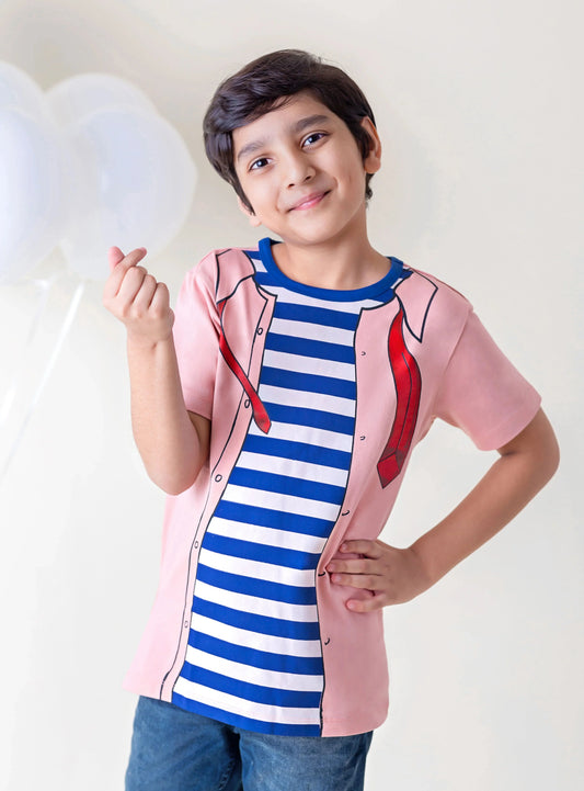 Kids Pink Jacket and Tie Print Cotton T-shirt - Ladore