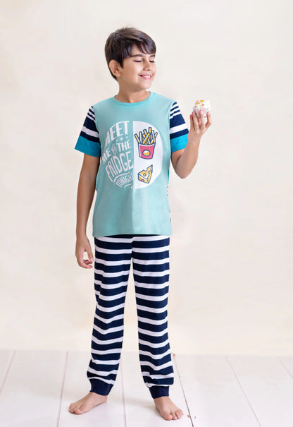 Kids Pure Cotton Auq Green Fun Fries Printed Unisex Night Suit Set - Ladore