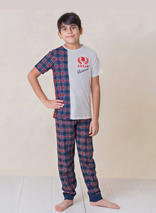 Kids Pure Cotton Cream Dream Achiever Printed Night Suit Set - Ladore