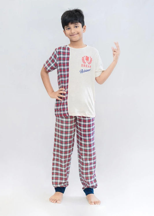 Kids Pure Cotton Off White Dream Achiever Printed Night Suit Set LADORE