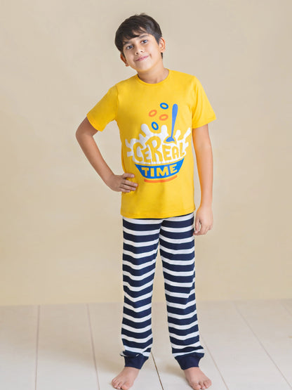 Kids Pure Cotton Yellow Cereal Time Printed Unisex Night Suit Set - Ladore