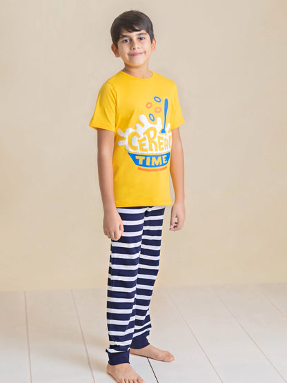 Kids Pure Cotton Yellow Cereal Time Printed Unisex Night Suit Set - Ladore