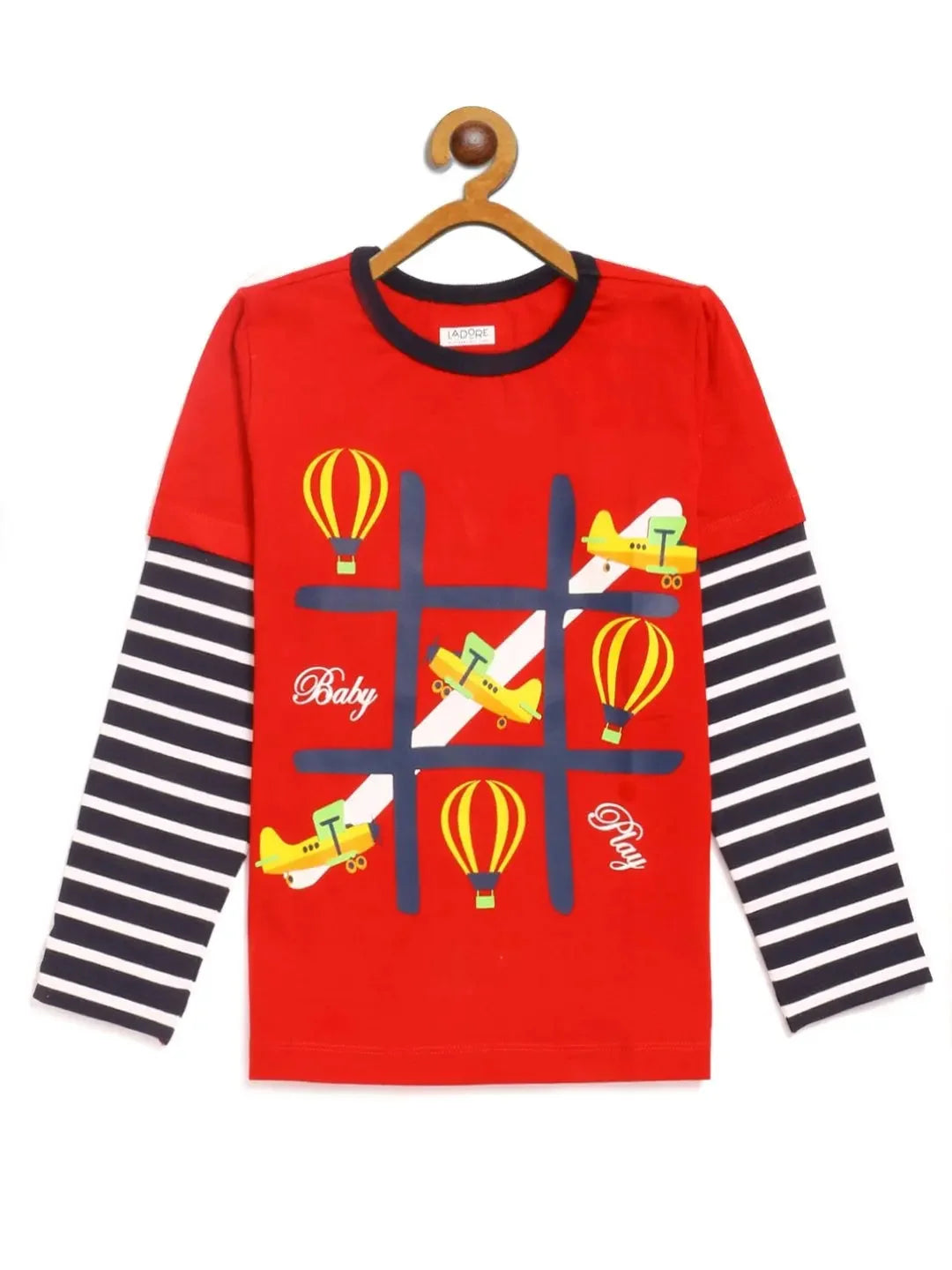 Kids Red Full Sleeves Tic-Tac-Toe Print T-shirt - Ladore