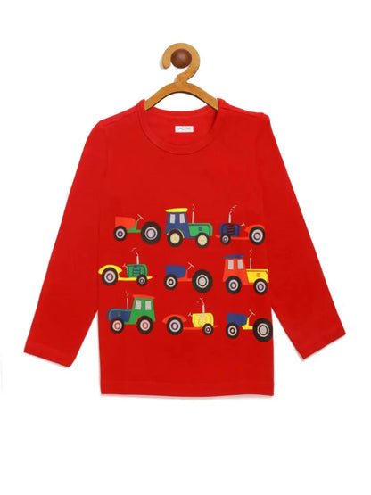 Kids Red Full Sleeves Train Cotton T-shirt - Ladore