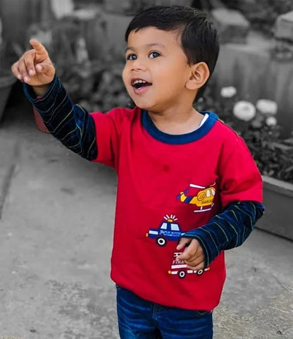 Kids Red Full Sleeves Vehicles Cotton T-shirt - Ladore