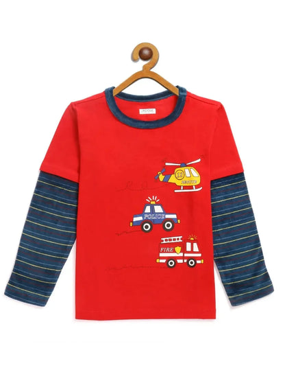 Kids Red Full Sleeves Vehicles Cotton T-shirt - Ladore