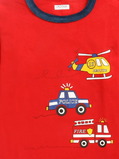 Kids Red Full Sleeves Vehicles Cotton T-shirt - Ladore