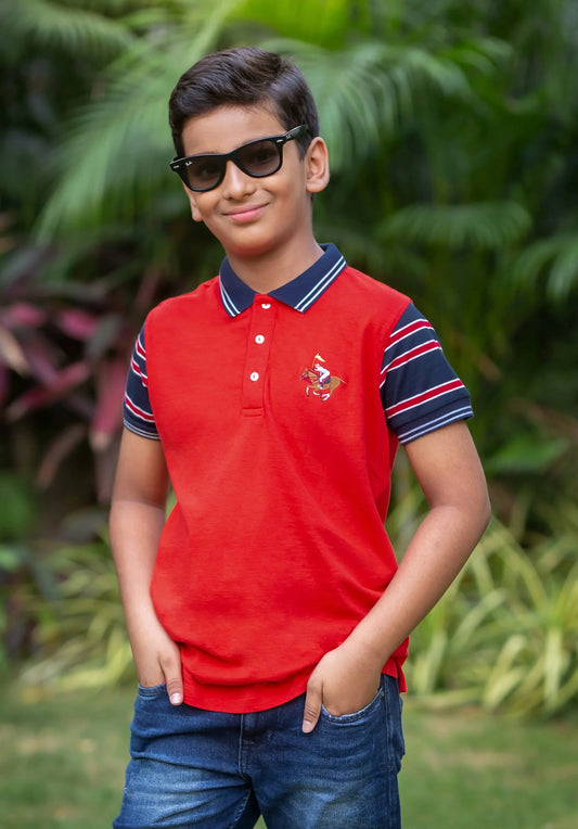 Kids Red Half Sleeves Cotton Polo T-shirt - Ladore