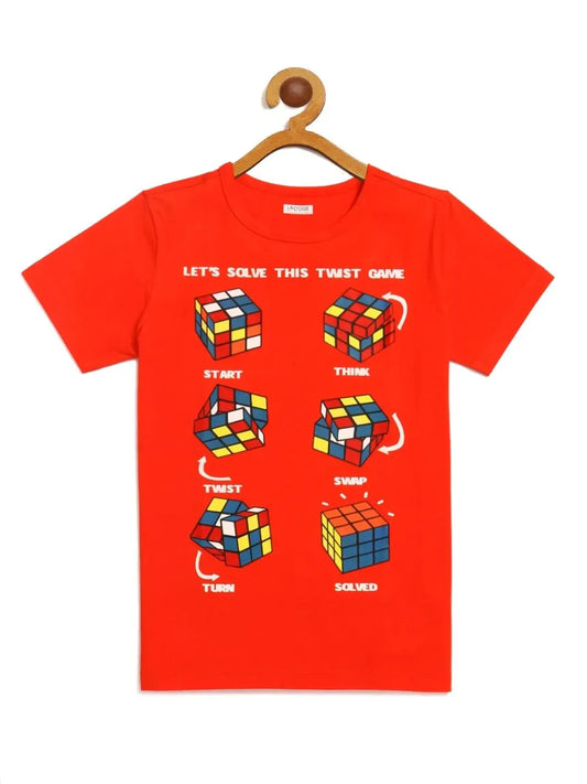 Kids Red Half Sleeves Cube Game Cotton T-shirt - Ladore