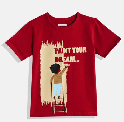 Kids Red Paint Your Dream Printed Round Neck Cotton Tshirt - Ladore