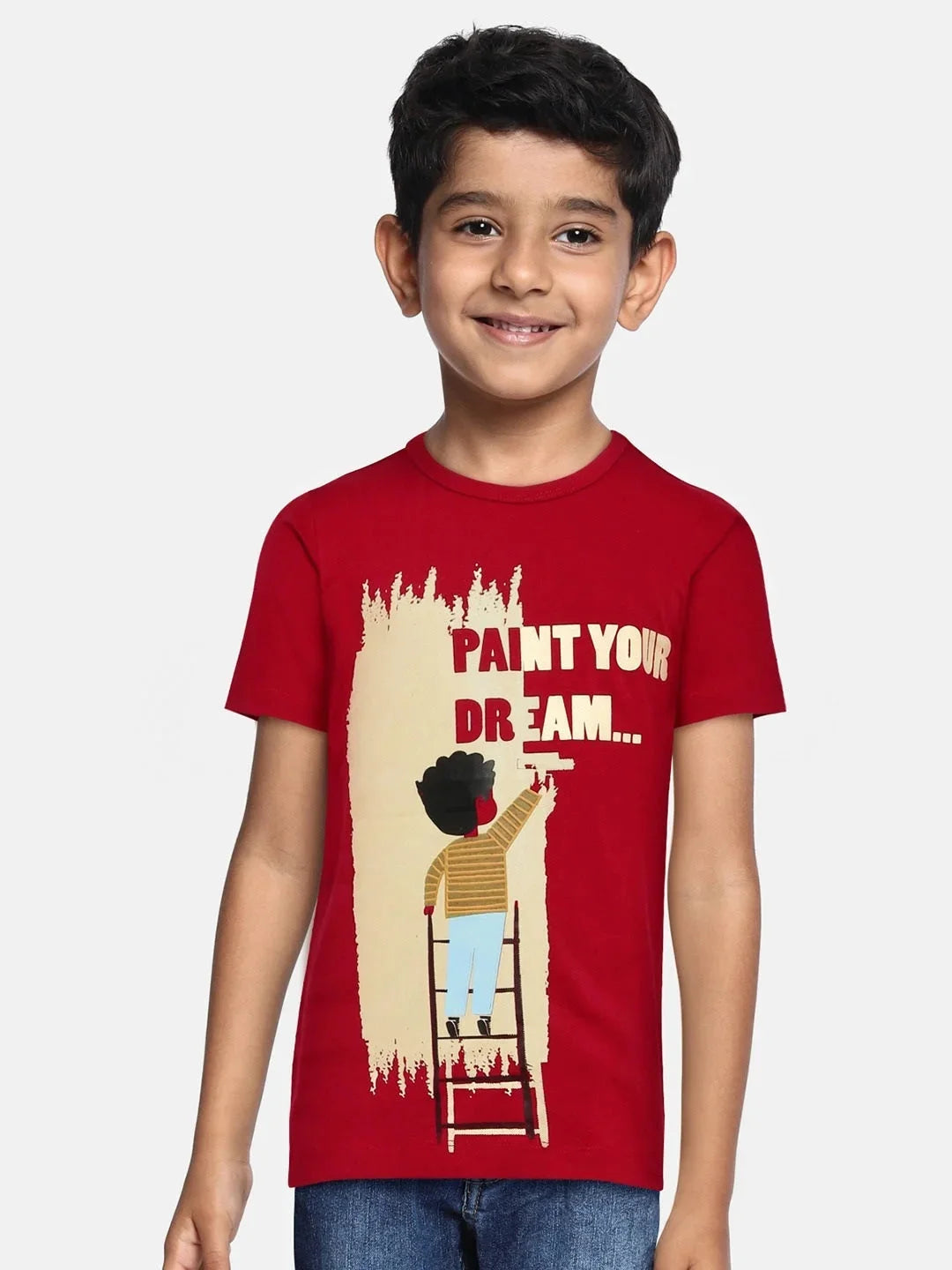 Kids Red Paint Your Dream Printed Round Neck Cotton Tshirt - Ladore